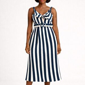 Fashion Nova Navy and White Vertical Stripe Midi Dress with Belt